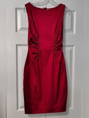 Y2K Red Hot Satin Elegant Cocktail Dress - Ruched, Bodycon Sheath Midi -Cache 6